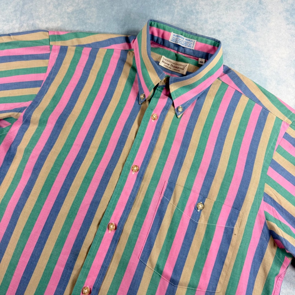 Norm Thompson Button Down Shirt Mens M Multi Color Striped Poplin Rainbow